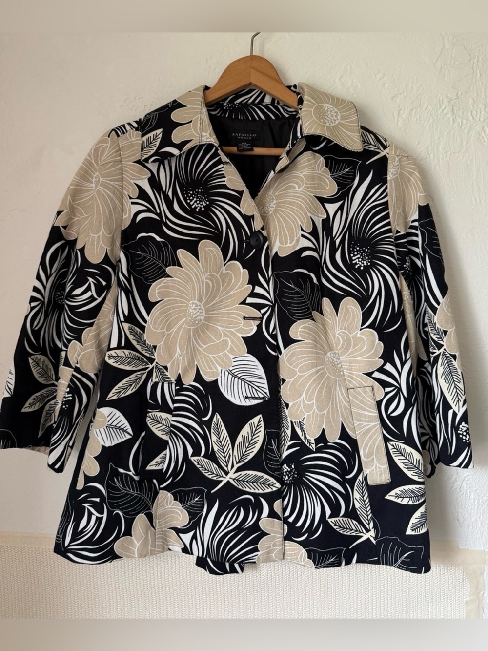 Rafaella 16W Plus Size Floral Cotton Blazer Black Beige Statement Jacket